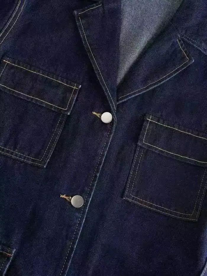 Veste en jean bleu foncé pour femme avec col tailleur