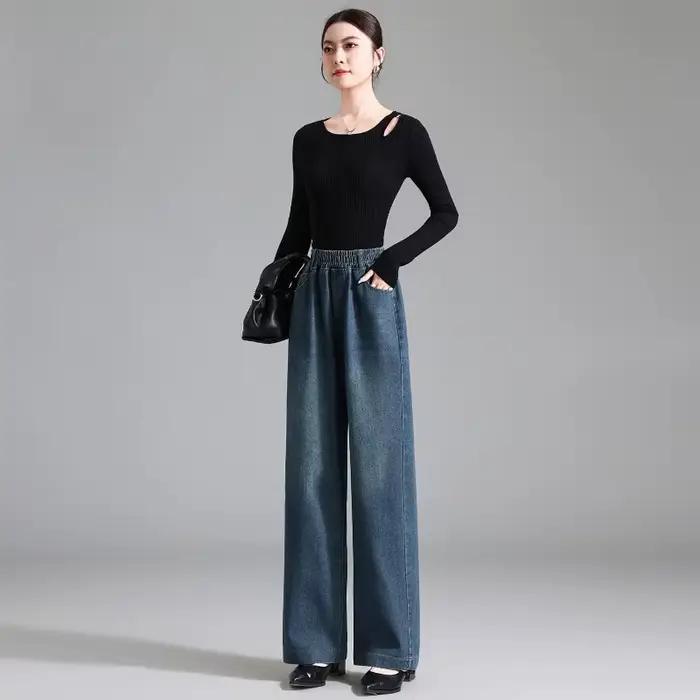 Nouveau Jean Droit Élastique Taille Haute 2026 pour Femme – Nouvelle Collection Printemps-Automne – Coupe Ample