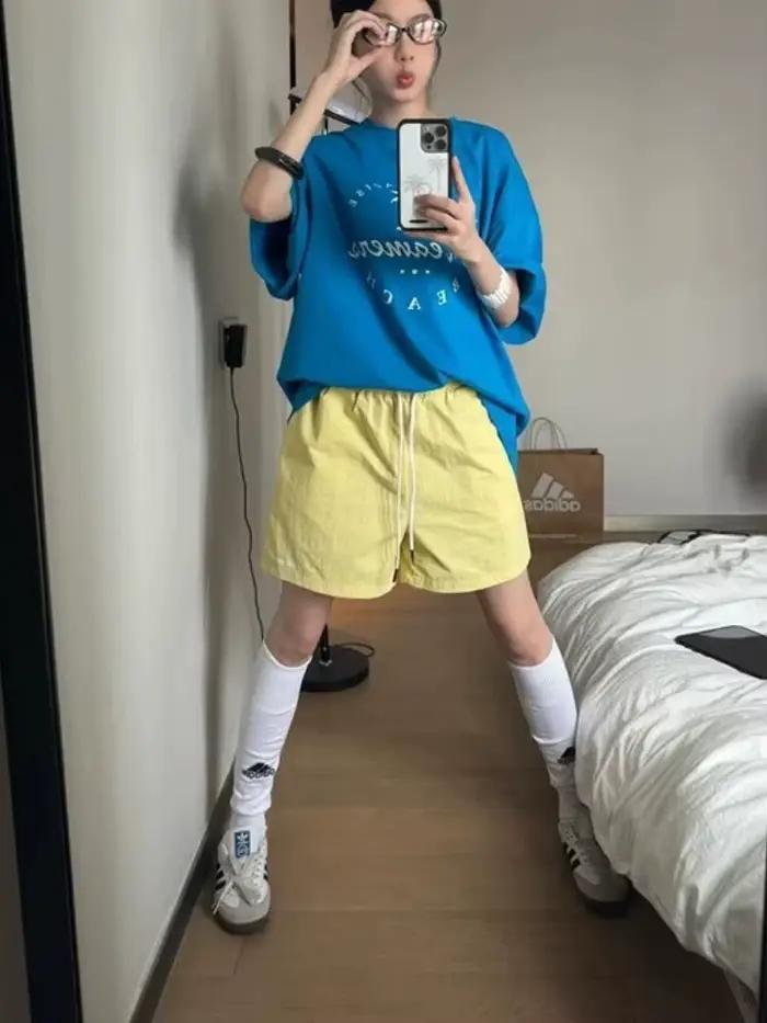 HOUZHOU Harajuku bleu Shorts pour femmes Style coréen Baggy Sport pantalons courts décontracté mode taille haute rétro