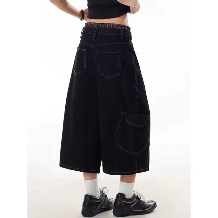 ZHIZOU jean noir américain pour femmes taille haute jambe large Baggy Cargo Denim Shorts 2000s Y2k Vintage Streetwear