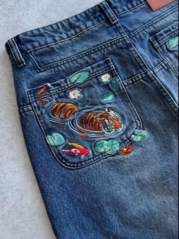 Jeans pour hommes brodés motif poisson-roux et tigre
