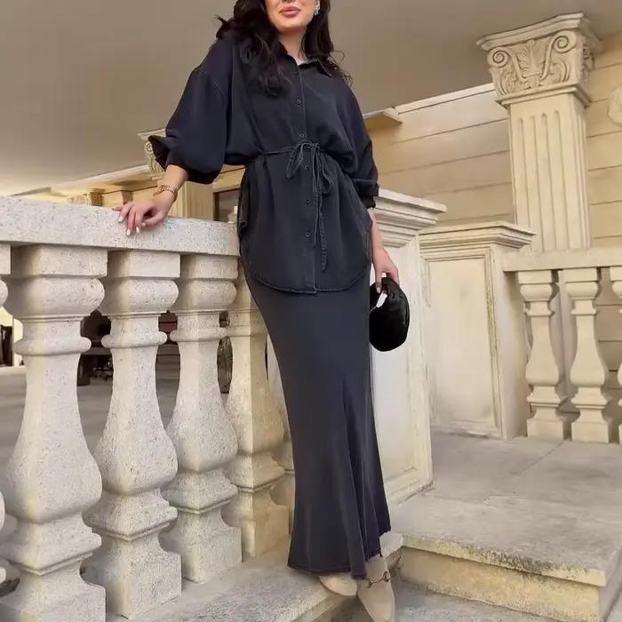 Ensemble tailleur jupe en jean pour femme