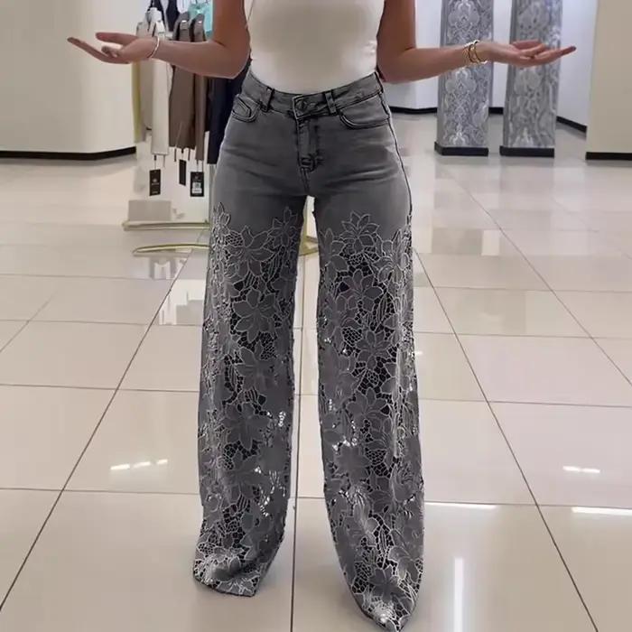 Dames Sexy dentelle évidé jean été rétro couleur unie jambe large pantalon 2025 décontracté Crochet épissé taille haute