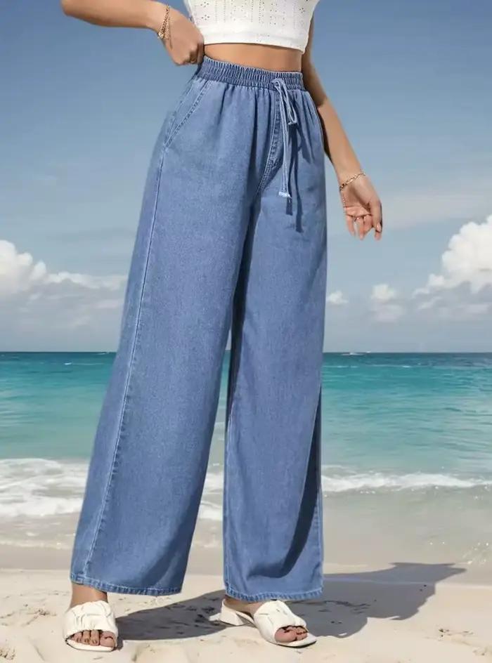 Jeans à jambes larges et taille élastique pour femmes