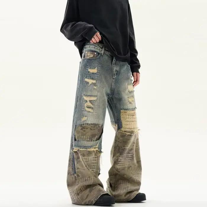 Jeans patchwork camouflage rétro américain pour hommes et femmes