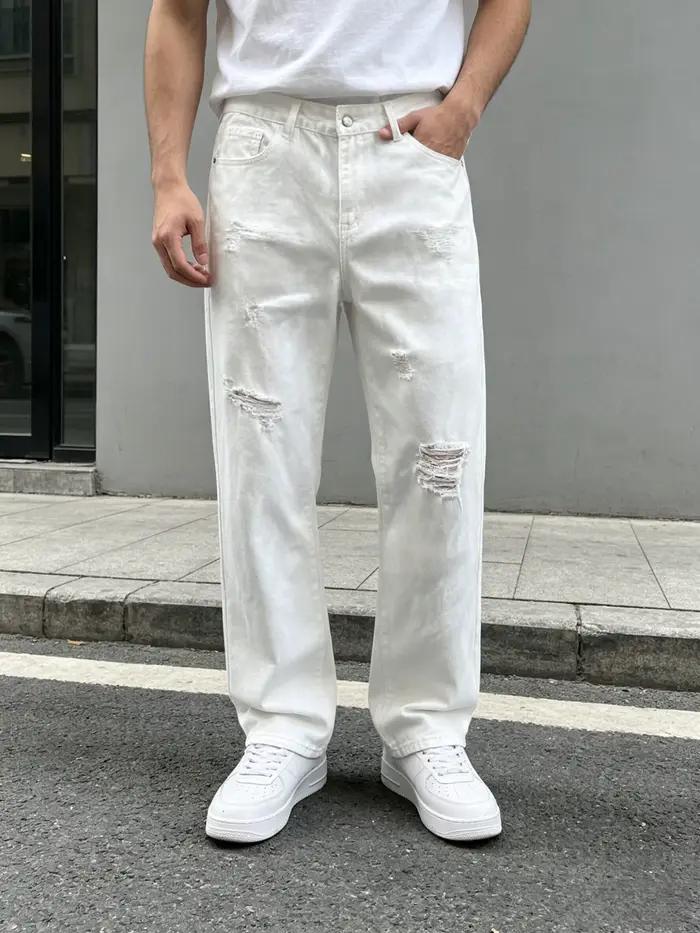 Jean en denim blanc déchiré coupe droite ample pour homme