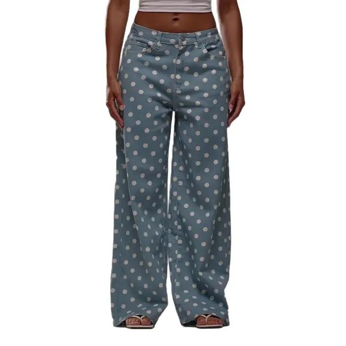 Jean taille haute printemps-automne pour femme 2026 – Pantalon décontracté en denim à pois vintage et jambe large