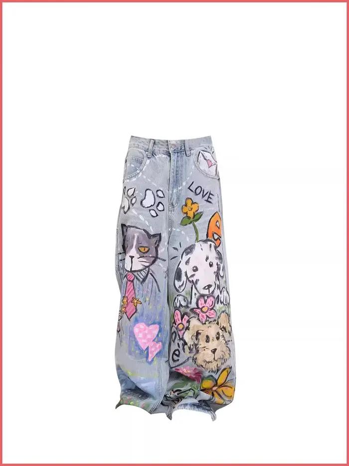 Jeans imprimés Doodle style américain décontracté vintage coupe droite ample pantalon jambes larges baggy y2k pour dames