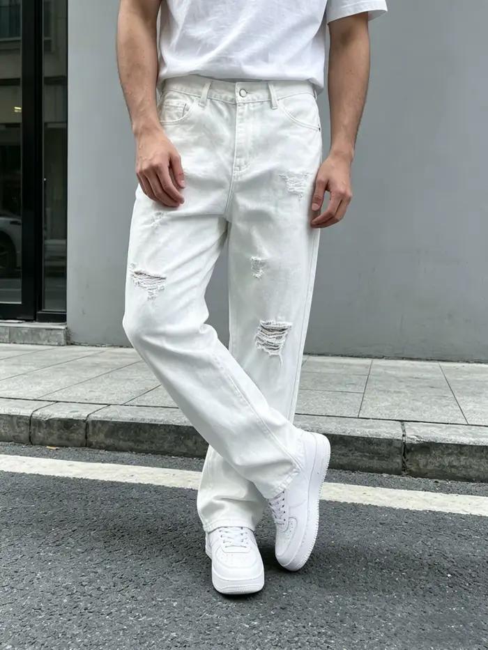 Jean en denim blanc déchiré coupe droite ample pour homme