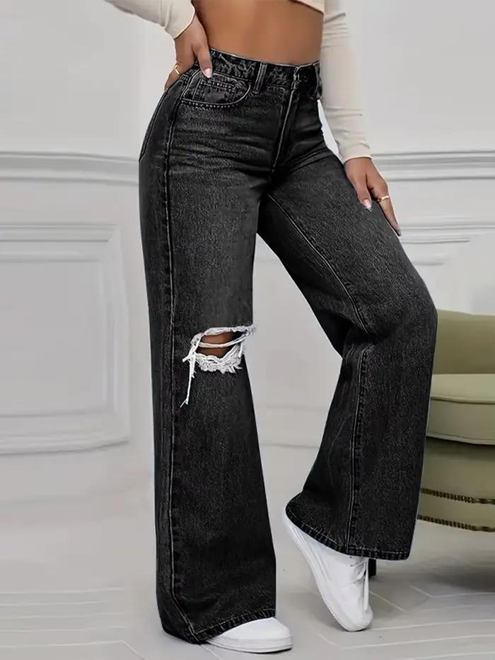 Burques déchirées femmes jean taille haute droite Baggy jambe large Denim pantalon traînant vêtements de rue