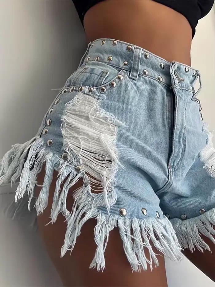 Jean court en Denim pour femme avec pompon