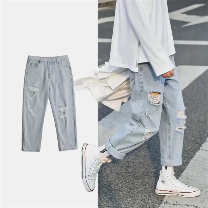 Coréen déchiré hommes jambe large jean 2025 automne nouveau Streetwear droit Baggy Denim pantalon mâle marque