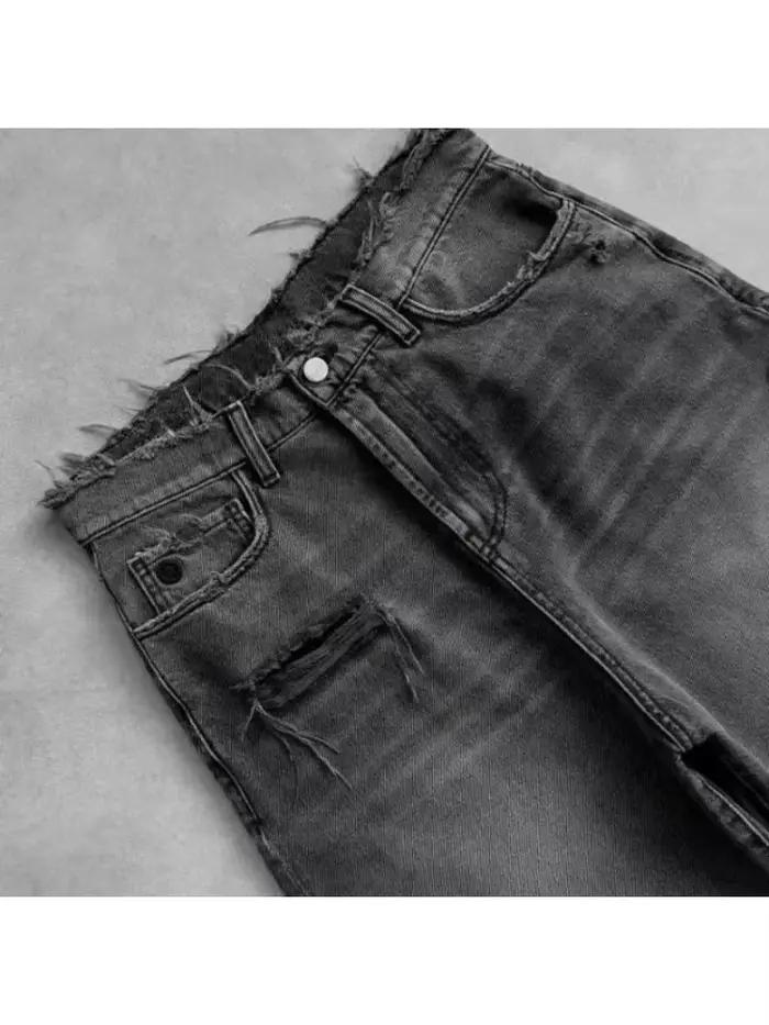 HOUZHOU jean court déchiré délavé femmes et homme trou broderie jambe large américain rétro Jorts Baggy décontracté Streetwear été
