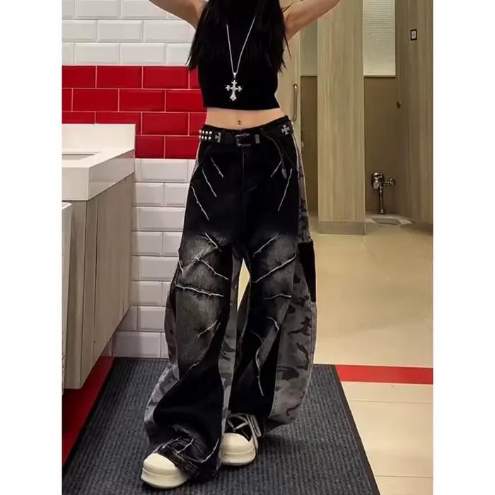 Jean noir femme Harajuku Y2k années 90 pantalon en Denim Baggy esthétique