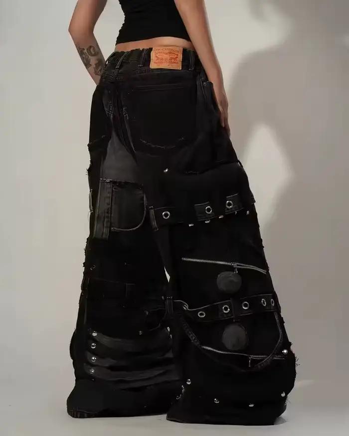 Pantalon en jean noir déchiré unisexe Y2K avec plusieurs poches cargo