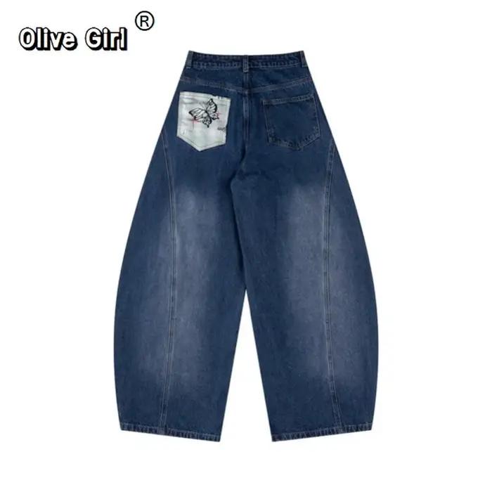 Olivegirl Denim jean américain rétro Graffiti écharpe bretelles pantalon jambe large Hiphop lapin
