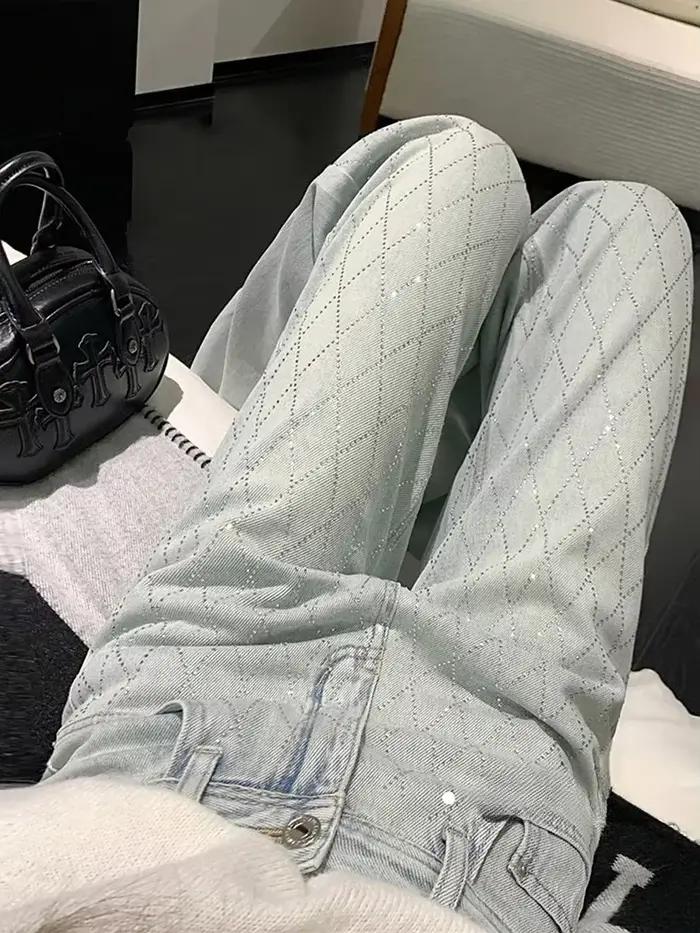 Jean Baggy bleu à carreaux pour femmes