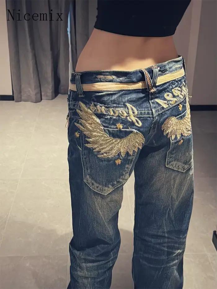 Nicemix américain or aile brodé taille basse jean pour les femmes printemps nouvelle mode épicé fille minceur décontracté Flare pantalon