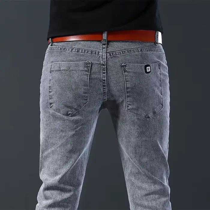 Jean slim gris élastique pour homme – Confort et ventilation – Style européen et américain – Coupe ajustée
