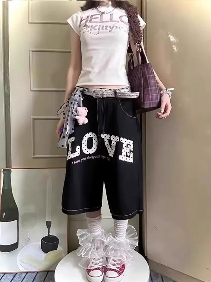 Nicemix lettre américaine imprimé Denim pantacourt pour les femmes été Streetwear taille haute ample décontracté jambe