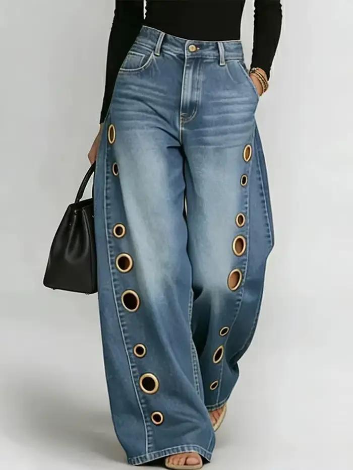DFCF Jeans Vintage Femme Tendance Décontracté Streetwear Y2K Ample Poches Découpées Pantalon Large 2026 Nouveauté Toutes Saisons