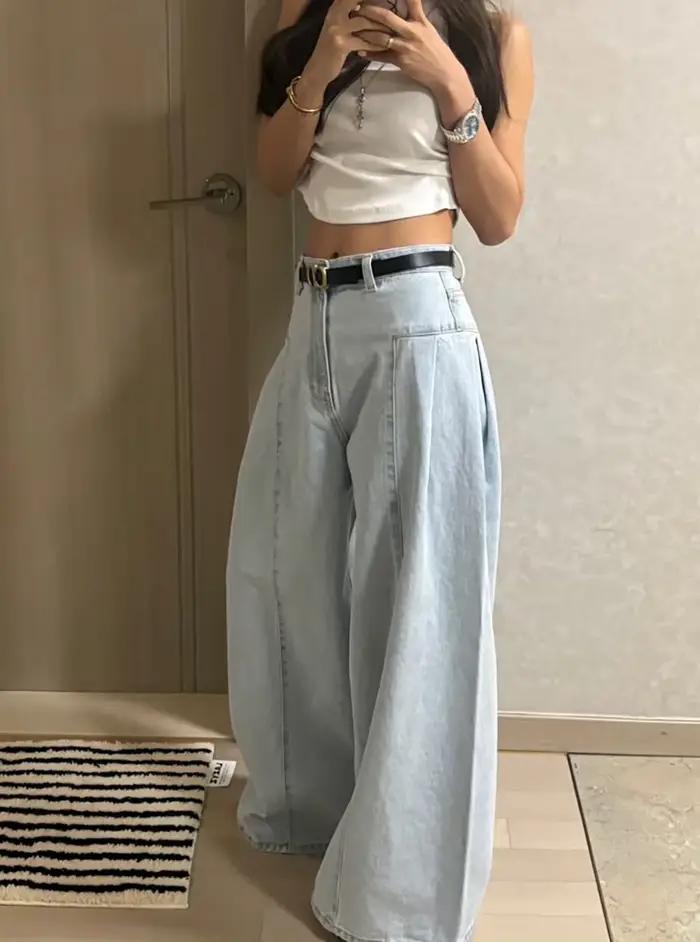 Jean printemps été longue jambe large pantalon femmes taille haute mode décontracté Style coréen dames