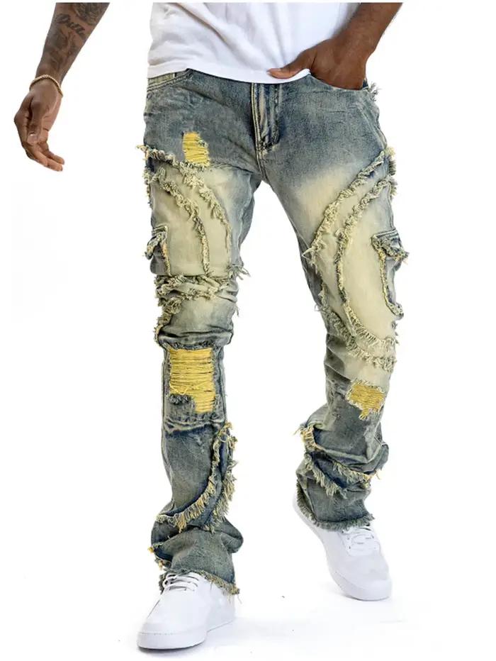 Jeans hommes déchirés empilés en denim, coupe ajustée mince, style high street, matière toile adoucissante, disponible en beige et jaune, idéal pour les occasions quotidiennes et les sorties hip hop