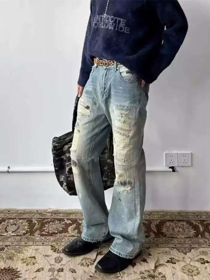 2026 Pantalon en jean déchiré et empilé pour homme