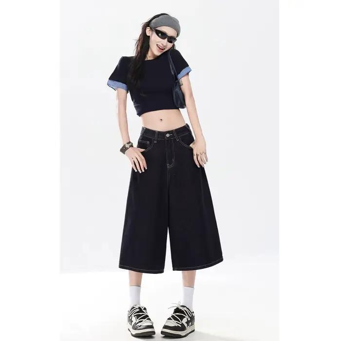 Jean en denim rétro américain taille haute coupe droite drapé pour femme