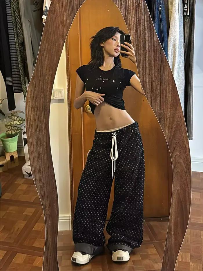 Pantalon femme noir gothique Y2k Baggy jean Harajuku Vintage à pois Denim