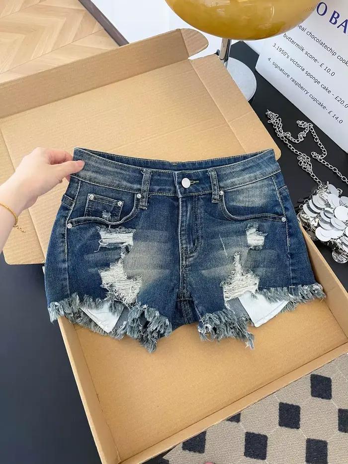 Shorts en jean déchirés rétro pour femme
