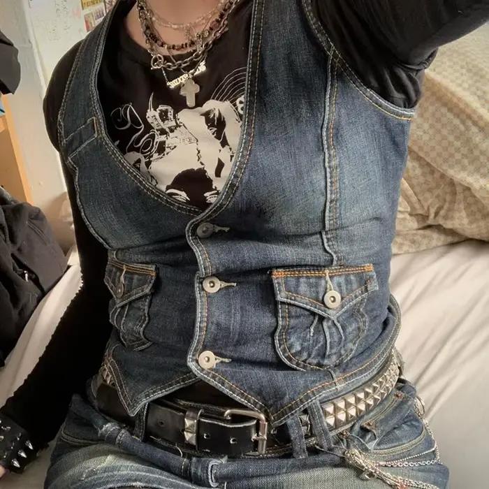 Femmes Denim gilet veste sans manches lavé col en V simple boutonnage poches gilets minces Streetwear femme été Vintage