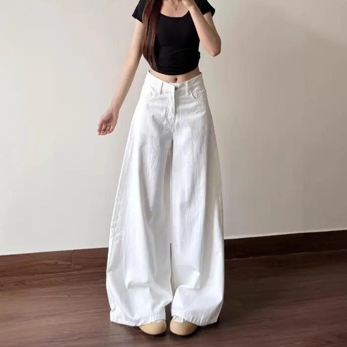 Jeans décontractés blancs taille basse coupe droite ample et large pour femme