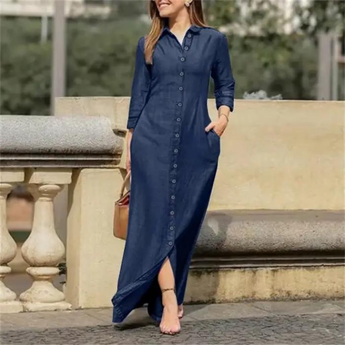 Femmes longue Denim Blouse robe été femme col rabattu à manches longues bouton ample Maxi maillots de bain robes JYFS-5542