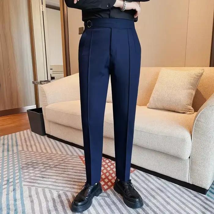 Pantalon décontracté taille haute homme style britannique automne hiver coton polyester élégant pour hommes occasions décontractées et formelles