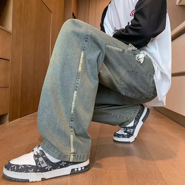 Nouveaux hommes bleu Jean Baggy coupe jambe droite Denim pantalon 2025 automne haute rue mode Y2K