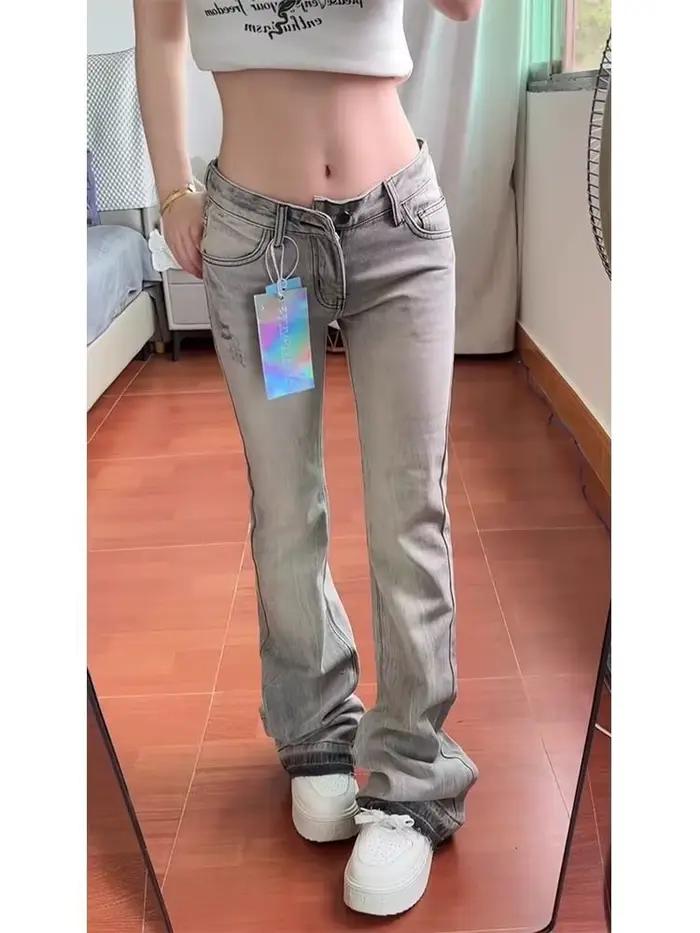 Pantalon évasé en denim gris vintage Harajuku avec broderies pour femmes style high street occasions printemps automne