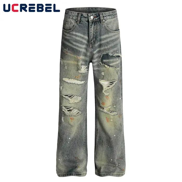 Splash Ink déchiré jean hommes poche rétro lavé en détresse droit Flare