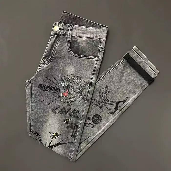Jean diamant haut de gamme pour hommes, marque tendance, coupe ajustée, petits pieds, imprimé tigre, gris, pantalon décontracté pour hommes, printemps et automne