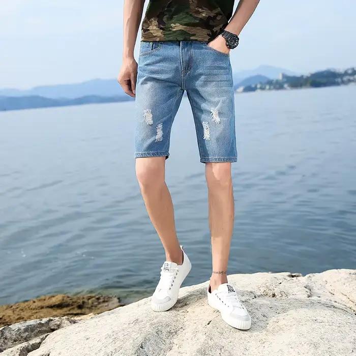 2025 été nouveau Streetwear déchiré Denim Shorts hommes mode décontracté trou Vintage bleu ciel jean court mâle marque vêtements