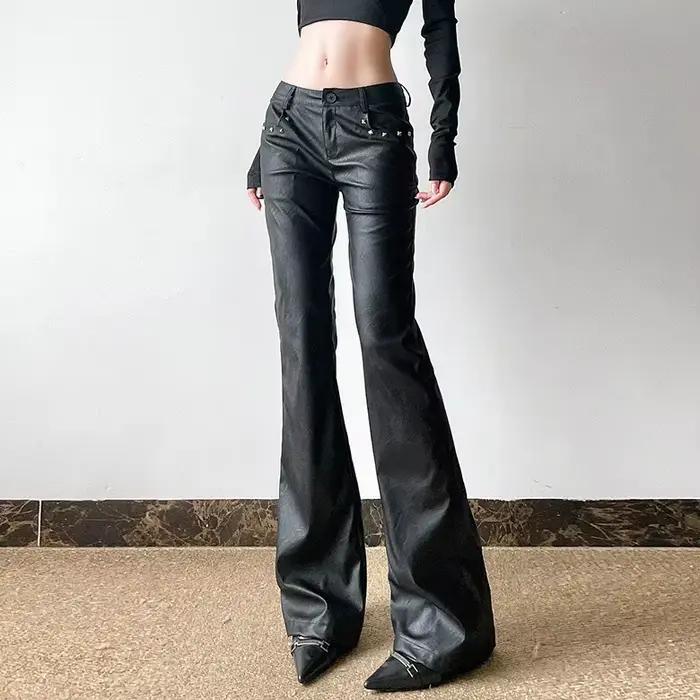 Y2K Pu cuir Flare pantalon femmes mode Streetwear Rivet noir