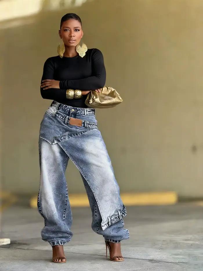 Jeans Femme Vintage Coupe Large Denim Délavé Patchwork Pantalon Droit Effet Usé Occasions Spéciales Style Streetwear