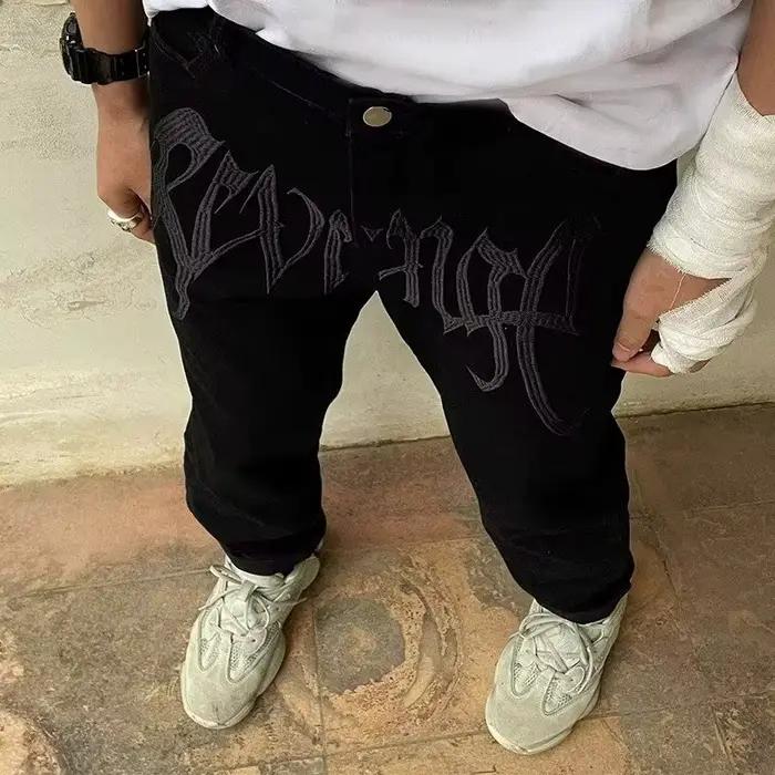 Jean Slim Noir avec Lettres Brodées Pantalon Streetwear Mode Hip Hop Long FjRopa 2024 Y2K Occasions Spéciales
