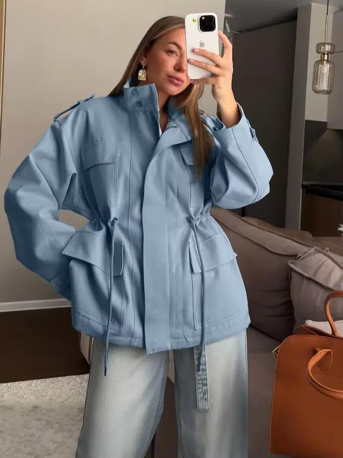 Veste courte en jean à col color-block multi-poches pour femme mode élégante automne hiver polyester robuste et élégant