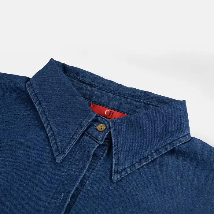 Chemise en denim brodée CH à manches longues femme col pointu coupe classique style américain confortable décontractée idéale tous les jours voyage