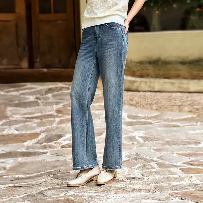 OLrain Jean large taille haute bleu clair pour femme