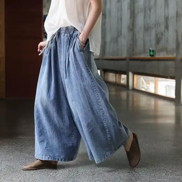Vintage lavé en détresse femmes jean taille élastique à lacets littéraire ample pantalons décontractés mode polyvalent Simple femme pantalon