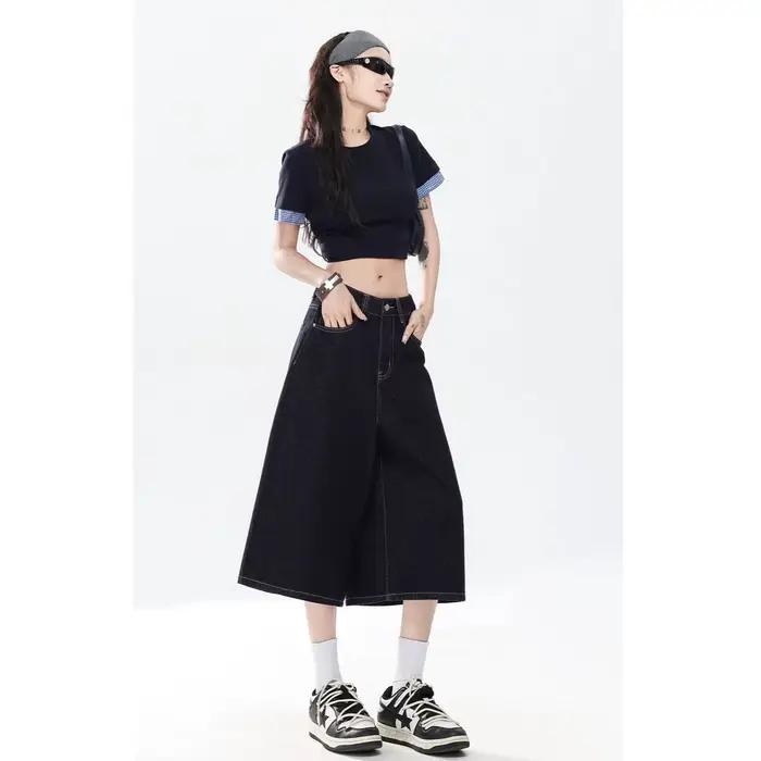 Jean en denim rétro américain taille haute coupe droite drapé pour femme