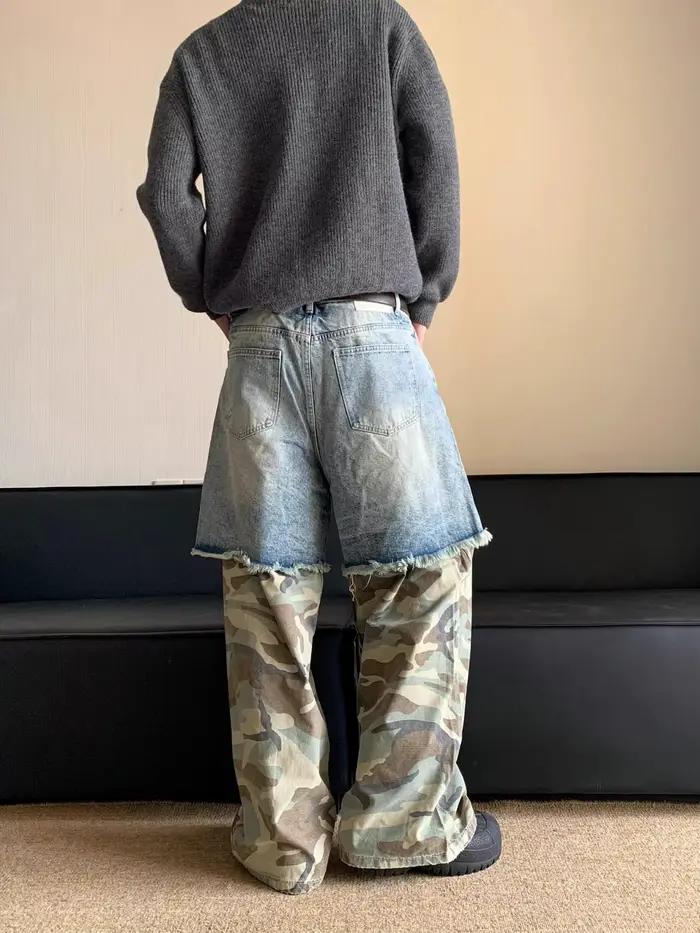 Nicemix américain rétro Camouflage épissage déchiré Denim jean pour hommes et femmes haute rue ample droit Tube pantalons décontractés