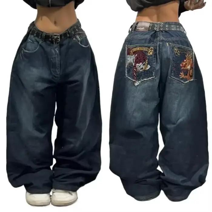 Jean Baggy à motif brodé Hip-hop rétro pour hommes et femmes